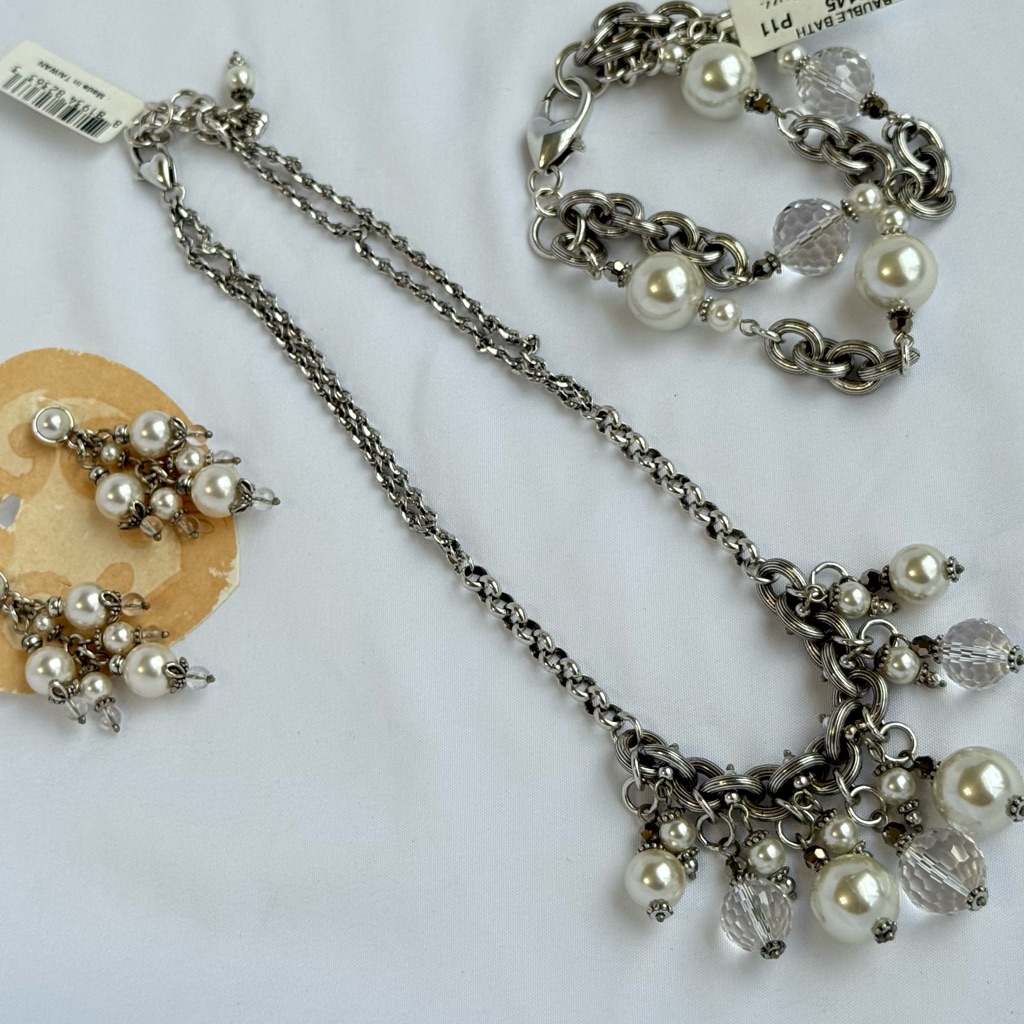 Retired Brighton Silver And Pearl Necklace - Earrings And Bracelet Set